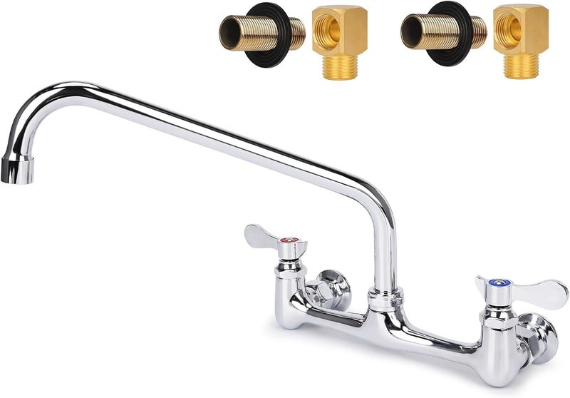 Bietor Wall Mount Kitchen Faucet 8" Center Commercial Sink Faucet with 12" Swivel Spout Dual Handles Brass Utility Sink Faucet for Laundry Room Restaurant Polish Chrome with 90° Installation Kit - Image 1